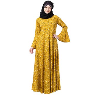Mustard printed Umbrella abaya with bell sleeves